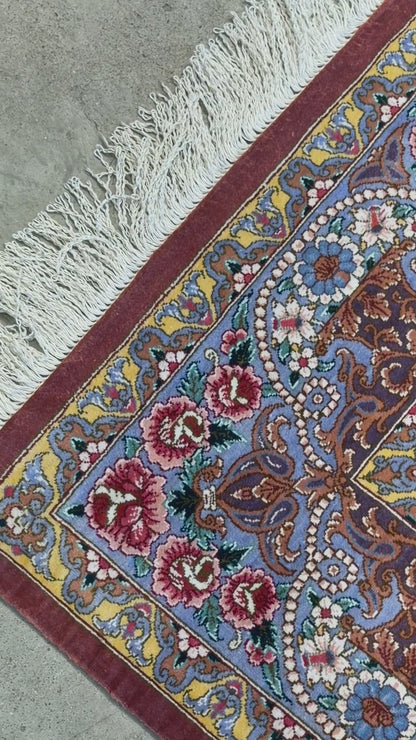 Luxurious Hand-Knotted Silk Persian Qum Rug - Signed Bakhtiar - 3’4”x4’11”