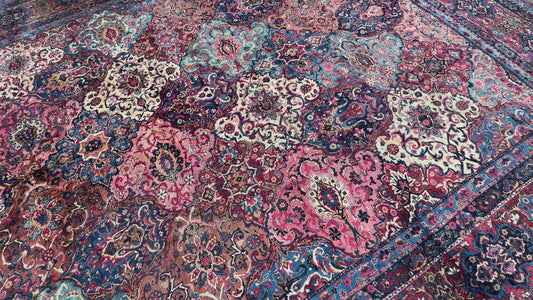 13’6”x21’10” Antique Hand-Knotted Very Fine Wool Persian Kerman Area Rug